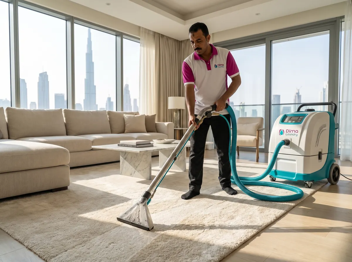 Dima Laundry technician deep cleaning an area rug in a Dubai apartment