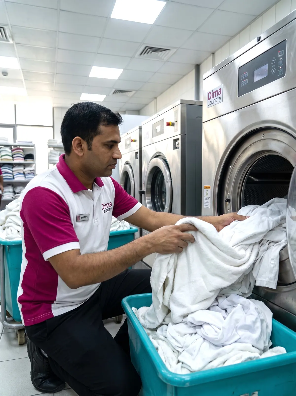 Dima Laundry team member loading a commercial washing machine with linen