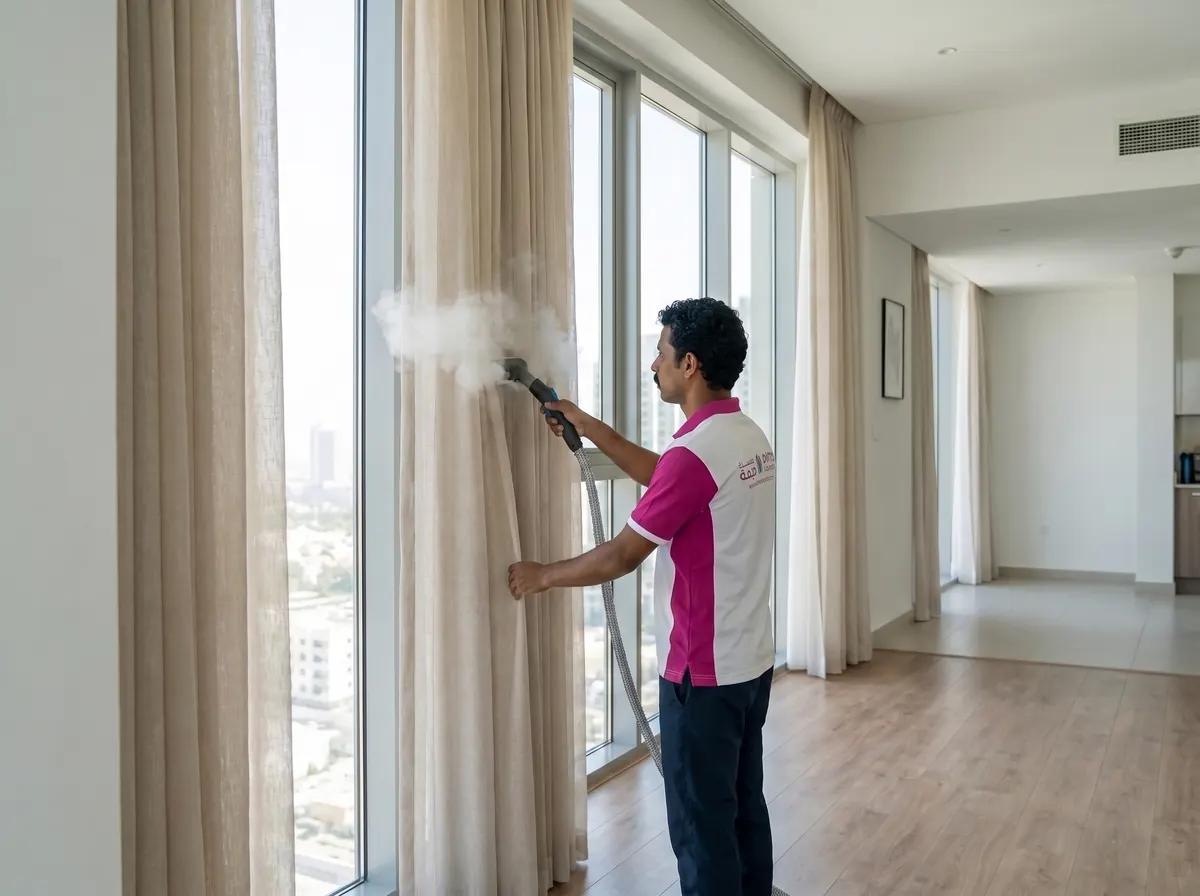 Dima Laundry technician steam cleaning curtains on site