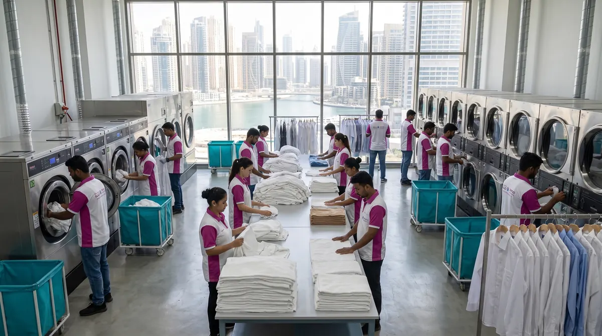 Dima Laundry team loading washers and folding linen in the cleaning centre