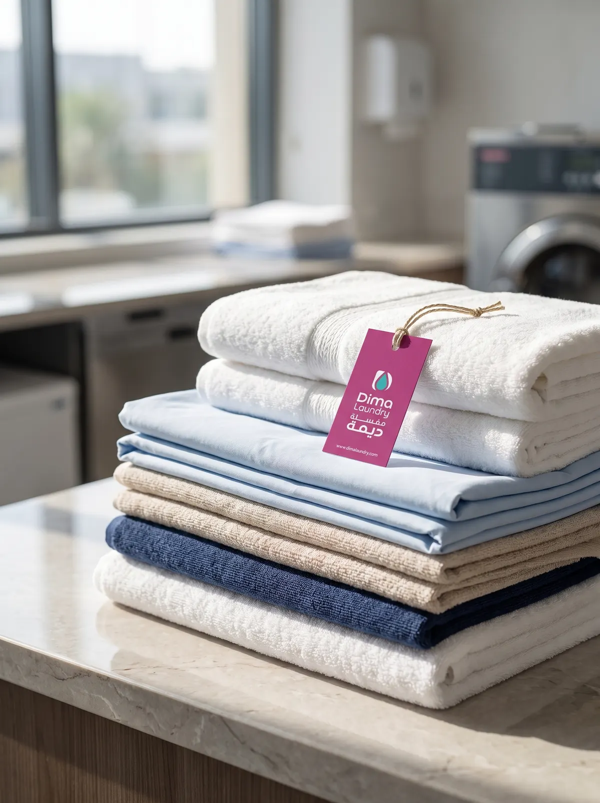 Freshly laundered towels and bed linen folded and tagged by Dima Laundry