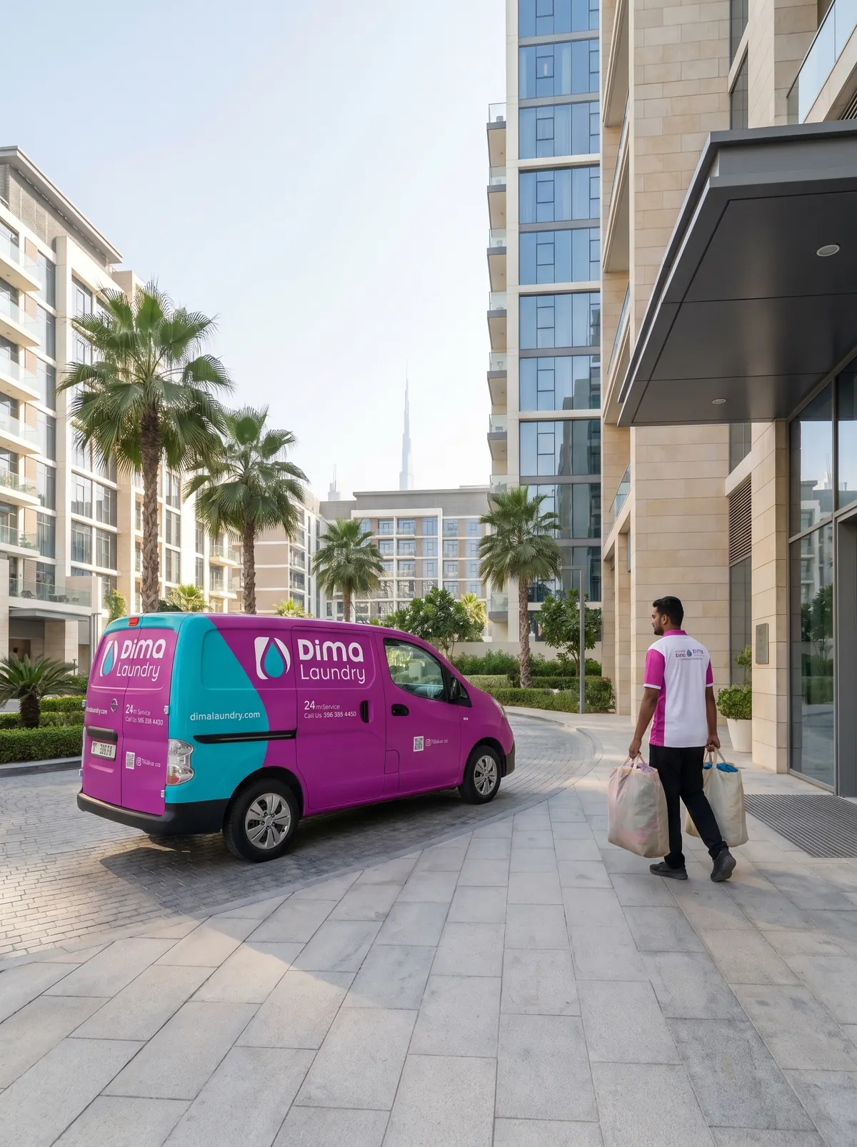 Dima Laundry driver collecting laundry bags from a Dubai building