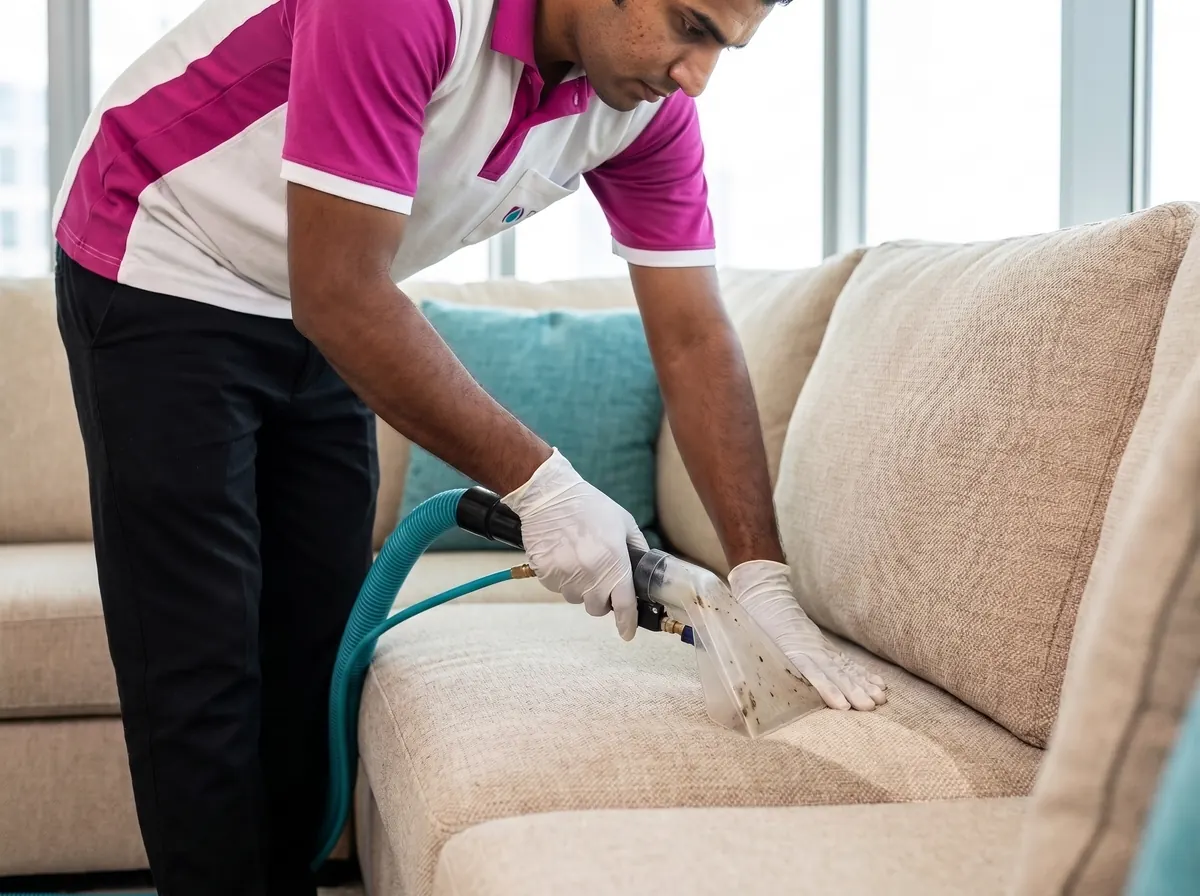 Dima Laundry technician shampooing a fabric sofa at home
